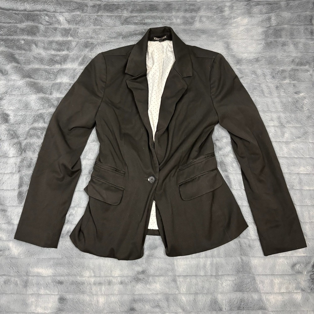 Express Black Single Button Blazer Polka Dot Lining Size 4 RN 55285